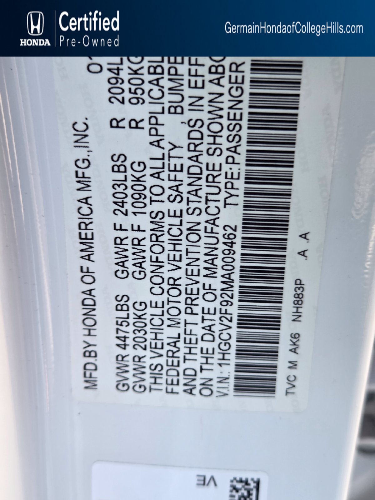 Certified Used 2021 Platinum White Pearl Honda 2.0T Touring image 80