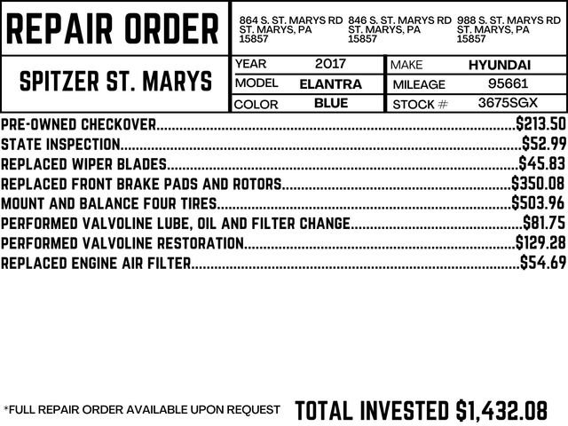 Used 2017 Hyundai Elantra Limited with VIN 5NPD84LF0HH096308 for sale in Saint Marys, PA