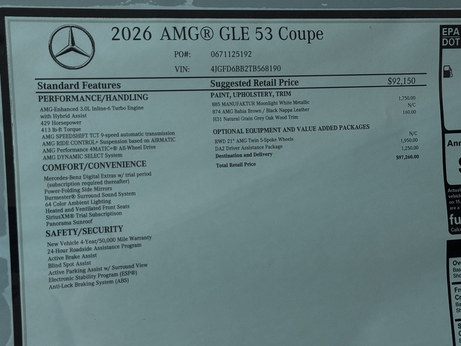 New 2026 MANUFAKTUR Moonlight White Metallic Mercedes-Benz AMG® GLE 53 4MATIC+ Coupe image 48