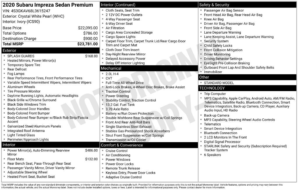Used 2020 White Subaru Premium image 2