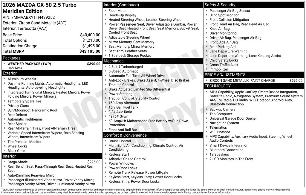 New 2026 Beige/tan Mazda 2.5 Turbo Meridian Edition image 7