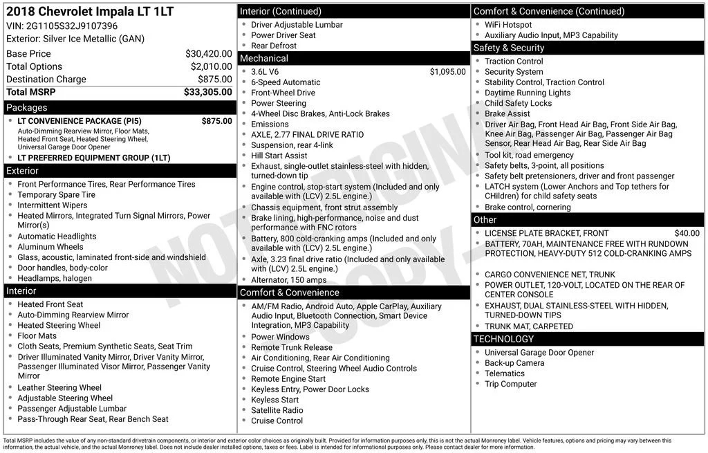 Certified 2018 Chevrolet Impala 1LT with VIN 2G1105S32J9107396 for sale in Orfordville, WI