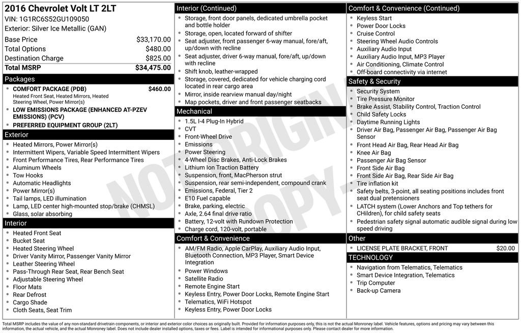 Used 2016 Chevrolet Volt LT with VIN 1G1RC6S52GU109050 for sale in Highland Park, IL