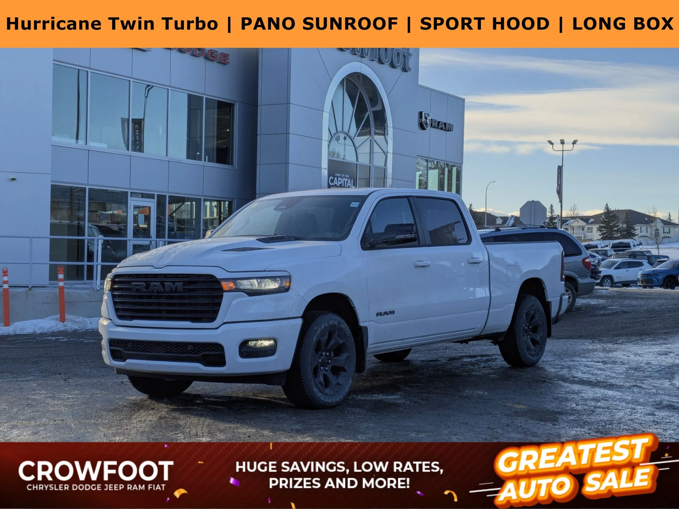 New 2026 White RAM Sport - - Pano Sunroof - Sport Perf Hood - Anti-Spin Rear Axle - Trailer Brake Control & More! image 1