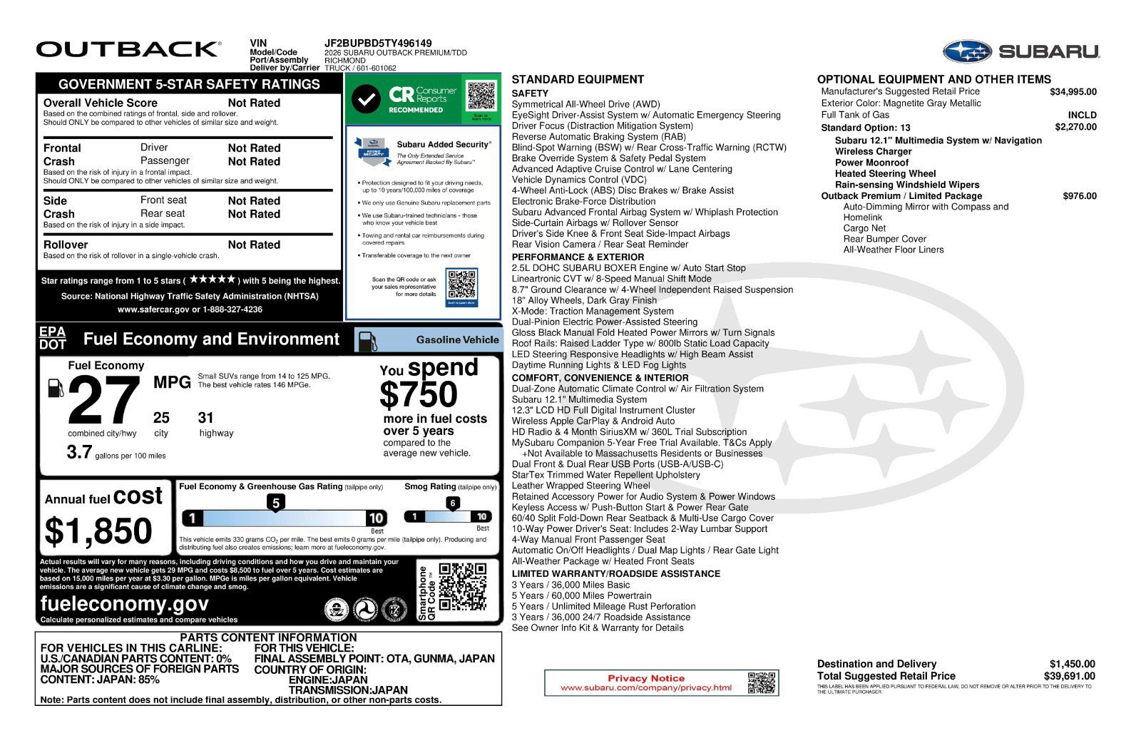 Used 2026 Magnetite Gray Metallic Subaru Premium image 11