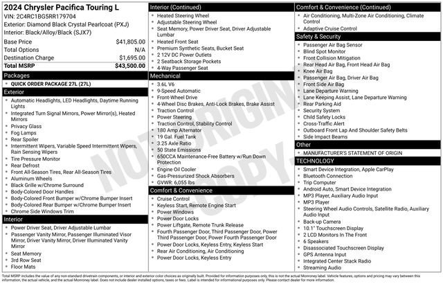 Used 2024 Diamond Black Crystal Pearlcoat Chrysler Touring L image 31