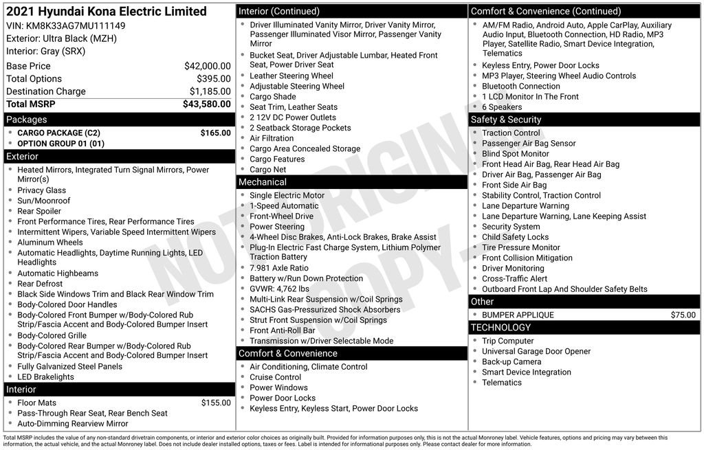 Used 2021 Hyundai Kona EV Limited with VIN KM8K33AG7MU111149 for sale in Highland Park, IL