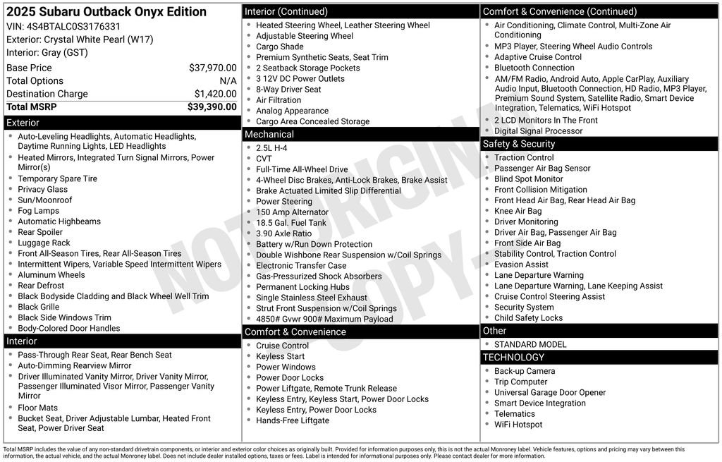 Used 2025 Subaru Outback Onyx Edition with VIN 4S4BTALC0S3176331 for sale in Elk River, Minnesota