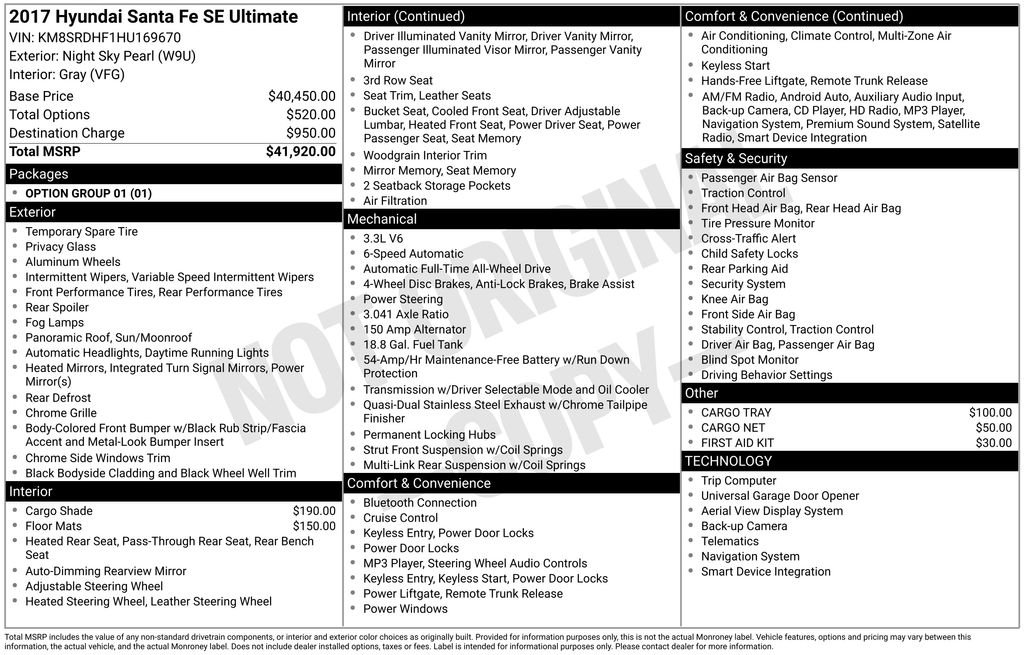 Used 2017 Hyundai Santa Fe SE Ultimate with VIN KM8SRDHF1HU169670 for sale in Gainesville, FL