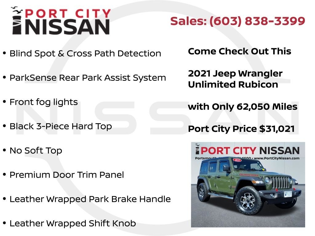 Used 2021 Sarge Green Clearcoat Jeep Unlimited Rubicon w/cold weather pkg, safety group & hard top image 21