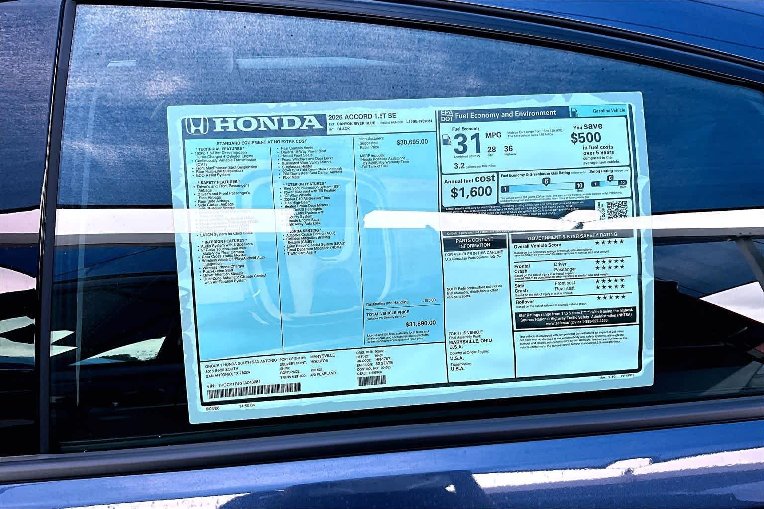 New 2026 Canyon River Blue Metallic Honda SE image 18