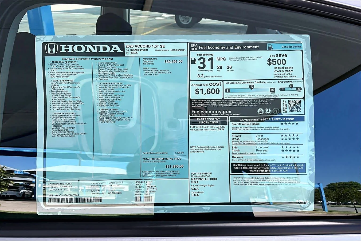 New 2026 Solar Silver Metallic Honda SE image 22