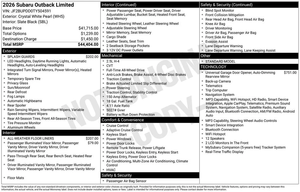 New 2026 CRYSTAL WHITE PEARL Subaru Limited image 6