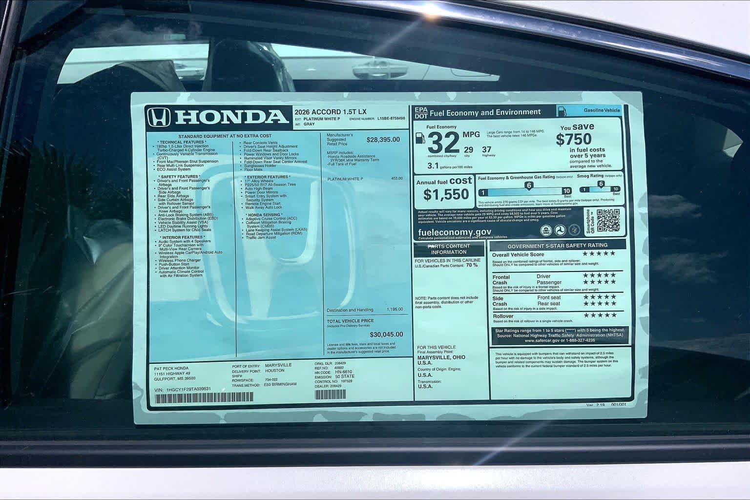 New 2026 Platinum White Pearl Honda LX image 18