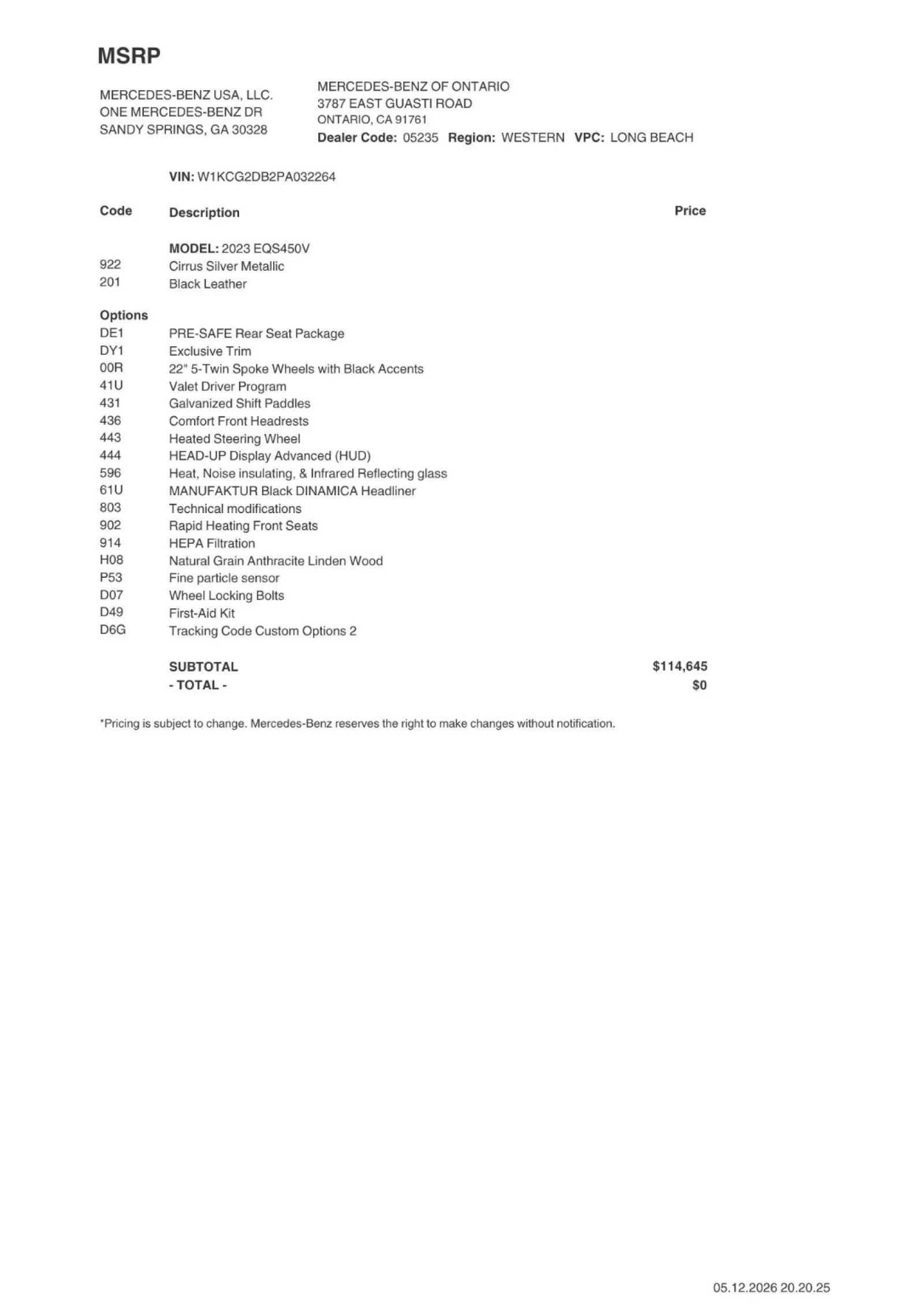 Certified 2023 Mercedes-Benz EQS Base with VIN W1KCG2DB2PA032264 for sale in Ontario, CA