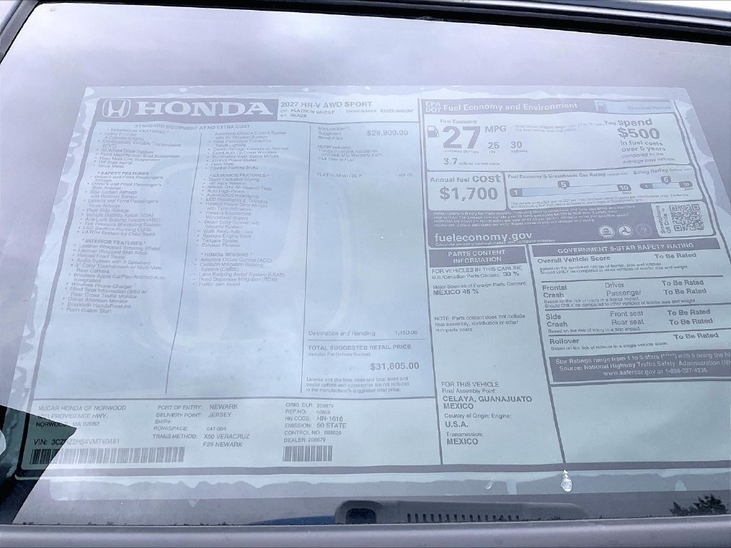 New 2027 Platinum White Pearl Honda Sport image 16